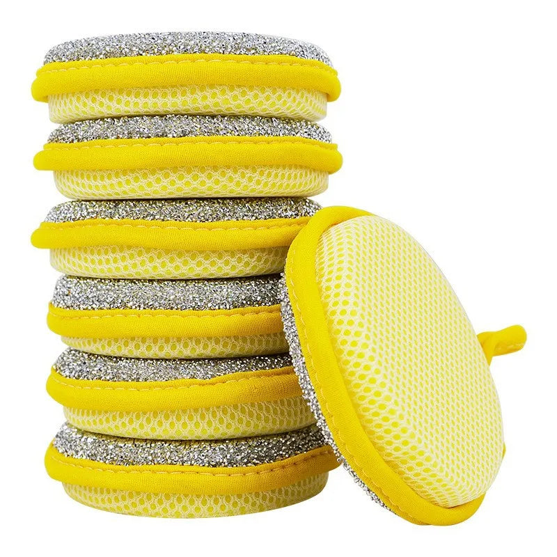 A stack of yellow and silver microfiber cleaning cloths for dishes.