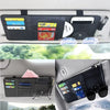 A black car sun visor organizer with multiple pockets for storing sunglasses, cards, and other small items.