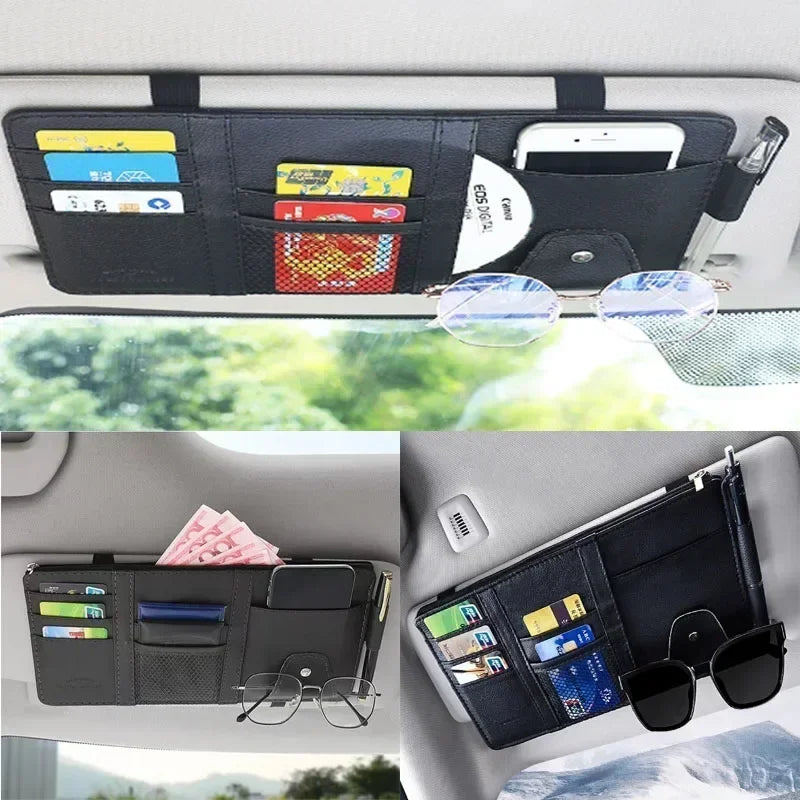 A black car sun visor organizer with multiple pockets for storing sunglasses, cards, and other small items.