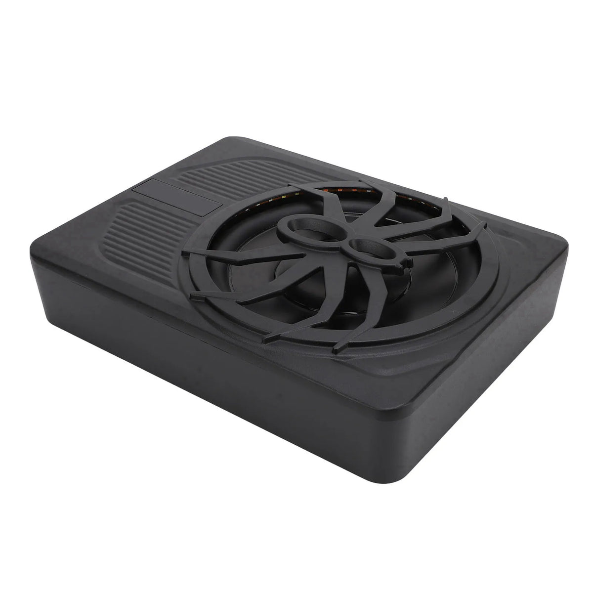 Subwoofer noir mince de 10 pouces sous siège avec grille.