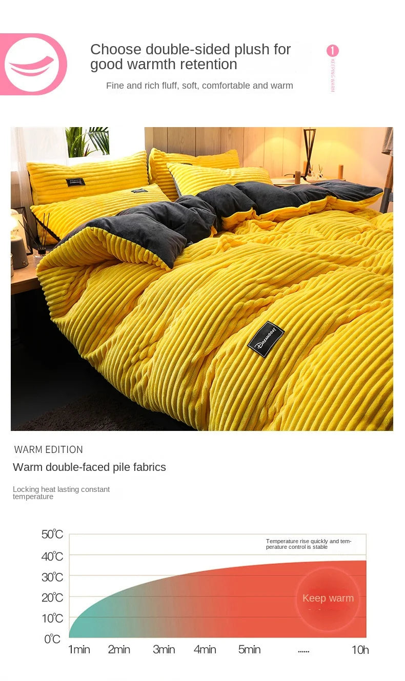 Yellow double-sided plush duvet cover for warmth retention shown on a bed.