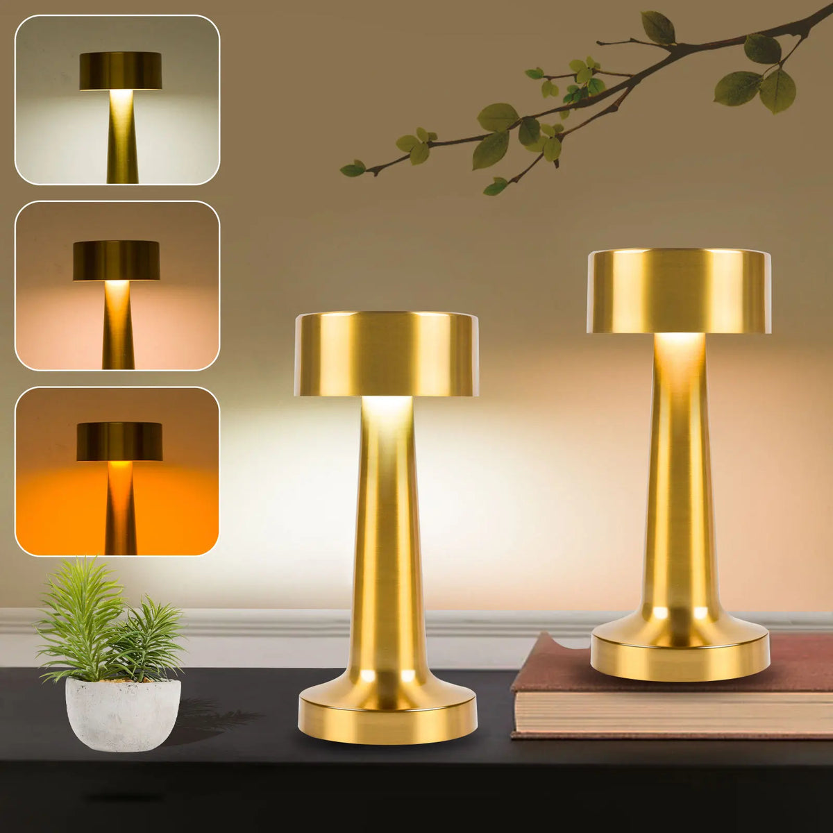A gold-colored rechargeable metal LED table lamp with a tall, tapered base and shade, shown next to three different lighting 