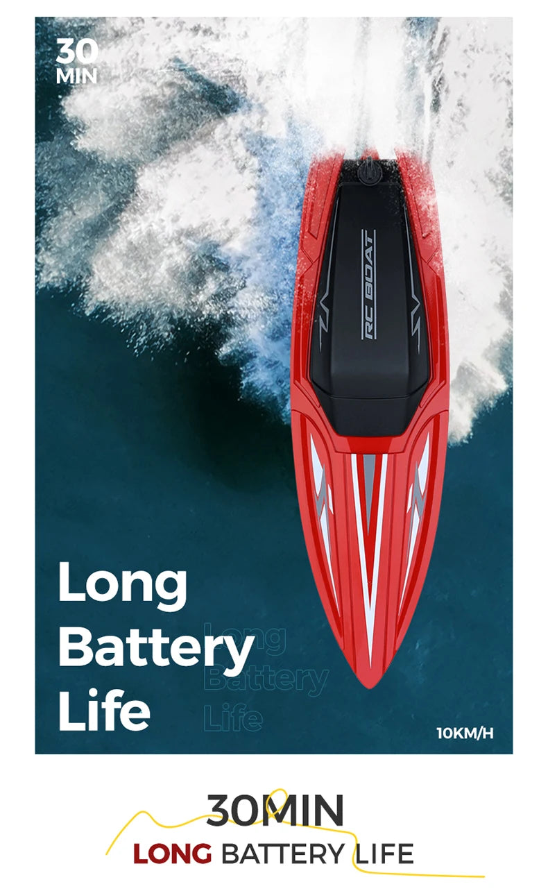 A red high-speed remote control boat is shown against a dark background, highlighting its long battery life.