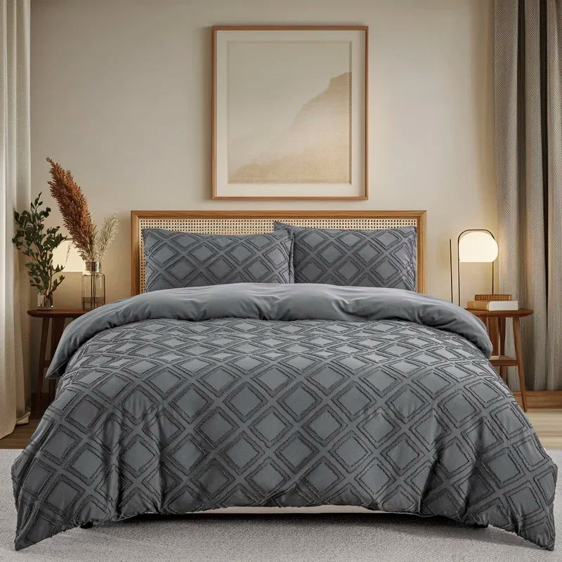 Tufted Boho Chic Duvet Cover Set with Textured Microfiber