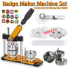 A set of badge maker machines including a hand tool, circle cutter, and various metal molds for making badges.