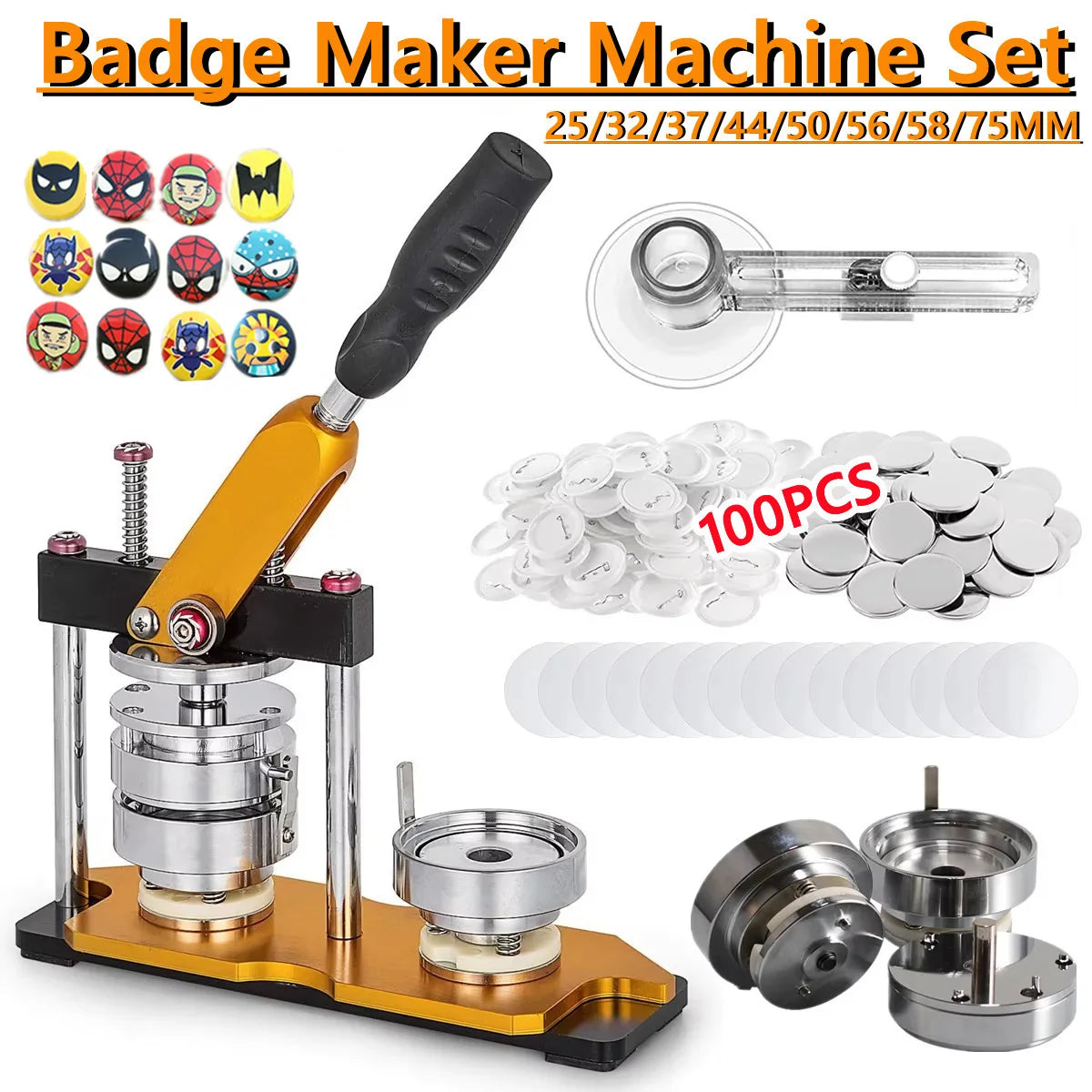 A set of badge maker machines including a hand tool, circle cutter, and various metal molds for making badges.