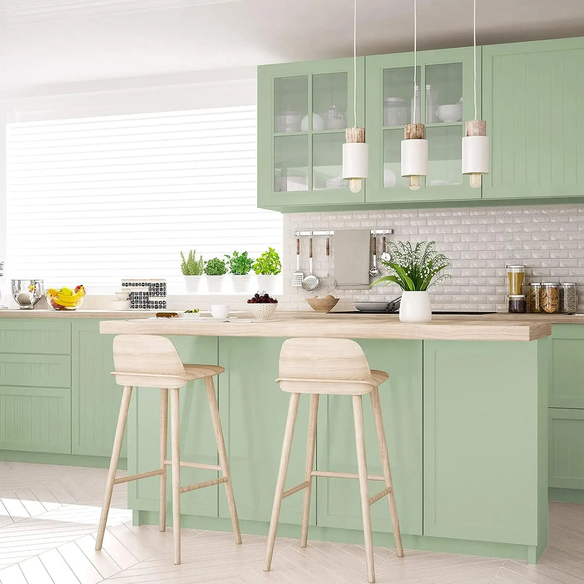 A kitchen featuring light green cabinetry, a wooden countertop, and pendant lights above a dining area.