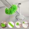 A bright green extendable microfiber duster attached to a ceiling fan, shown in various angles.