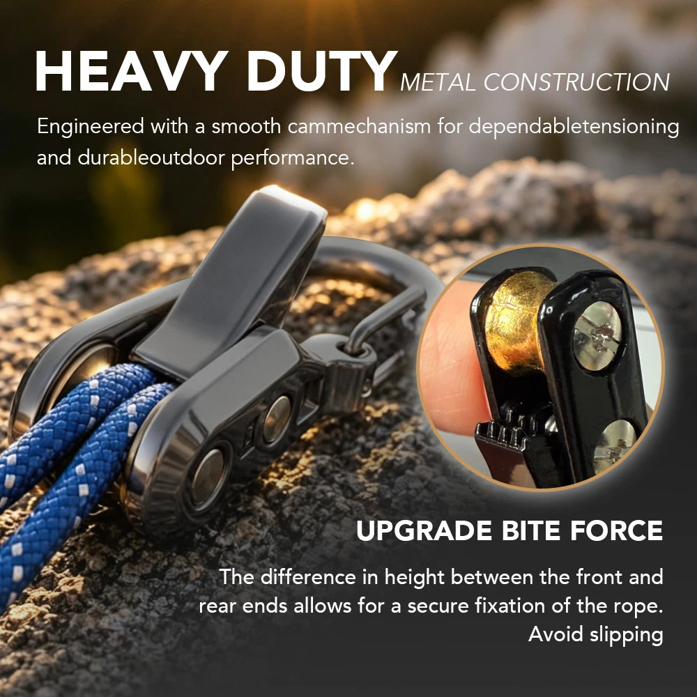 Close-up of heavy-duty metal carabiners and paracord tensioners designed for dependable outdoor performance.