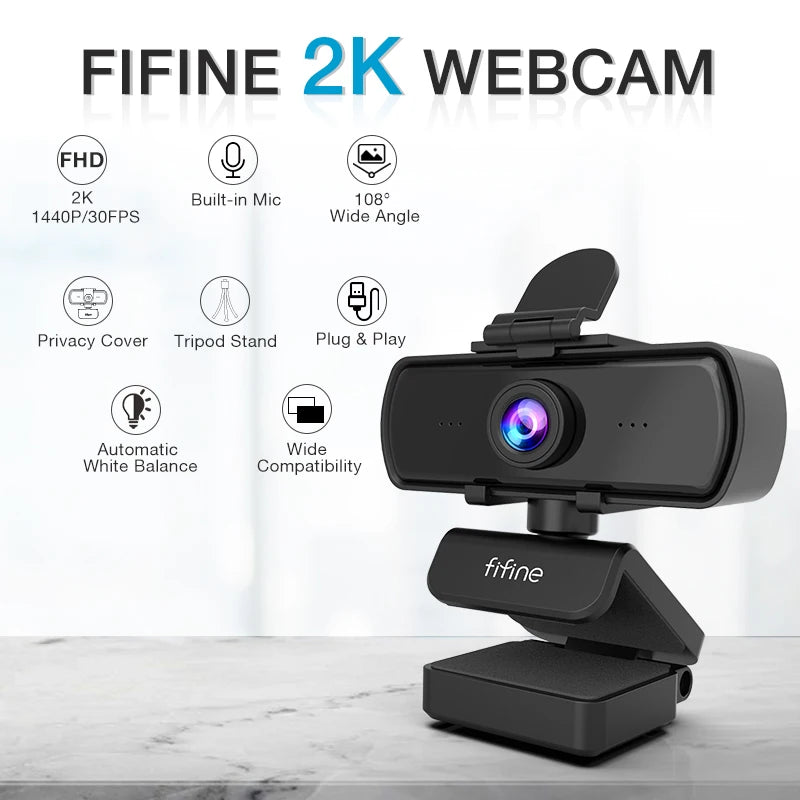 FIFINE 1440p HD Webcam with Microphone and Tripod