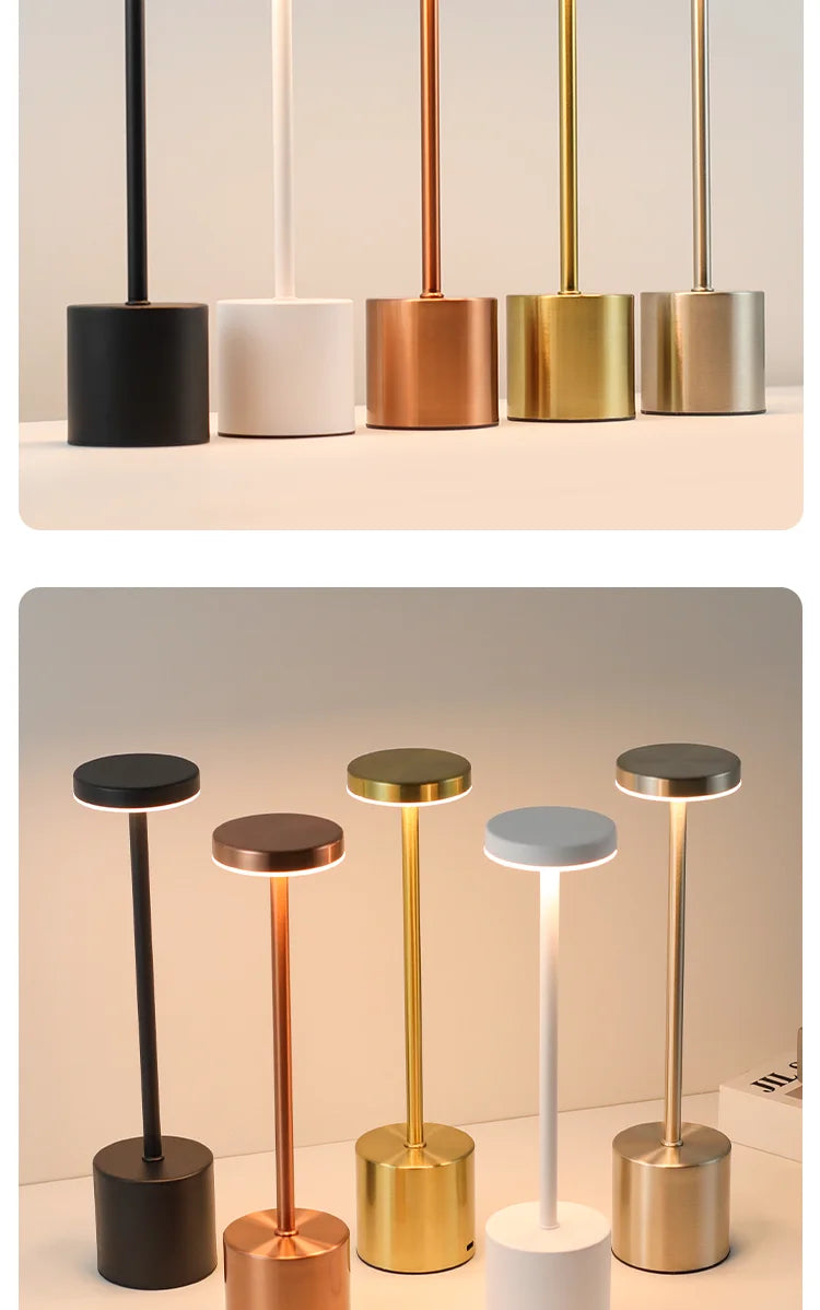 A row of five rechargeable LED table lamps with varying metallic finishes and white bases.