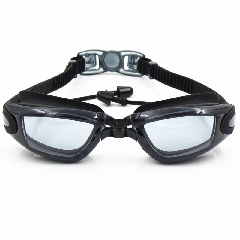 Schwarze Anti-Fog-Schwimmbrille mit schwarzem Riemen und klaren Linsen