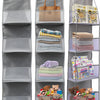Over-the-door hanging organizer with clear compartments holding various items like bags, textiles, and small goods.