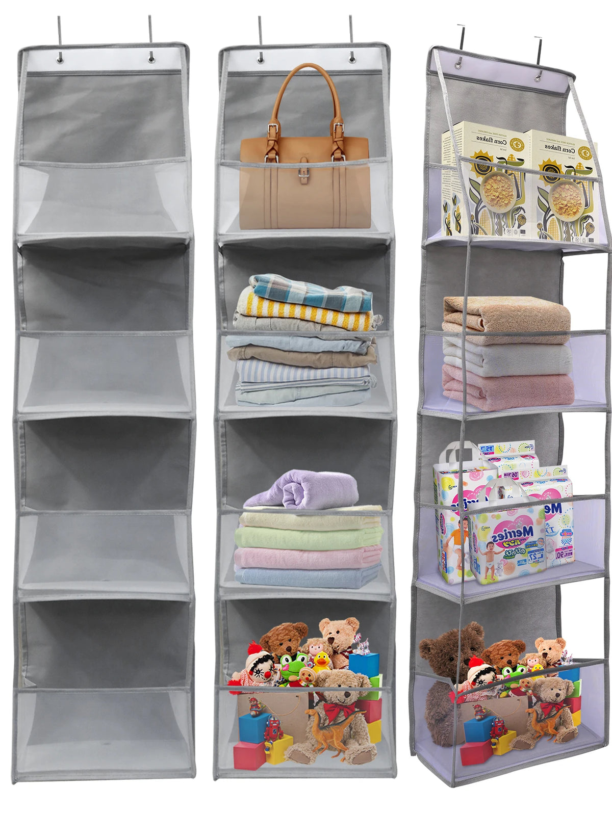 Over-the-door hanging organizer with clear compartments holding various items like bags, textiles, and small goods.