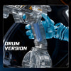 A close-up of an acrylic water blaster gun with a large tank and blue grips, labeled as the drum version.