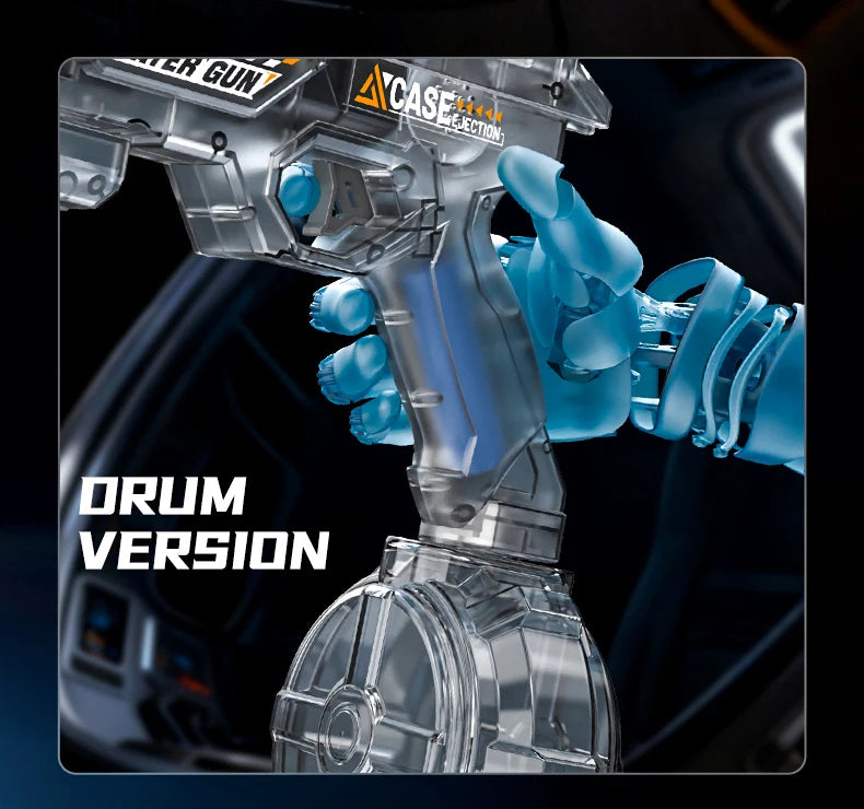 A close-up of an acrylic water blaster gun with a large tank and blue grips, labeled as the drum version.