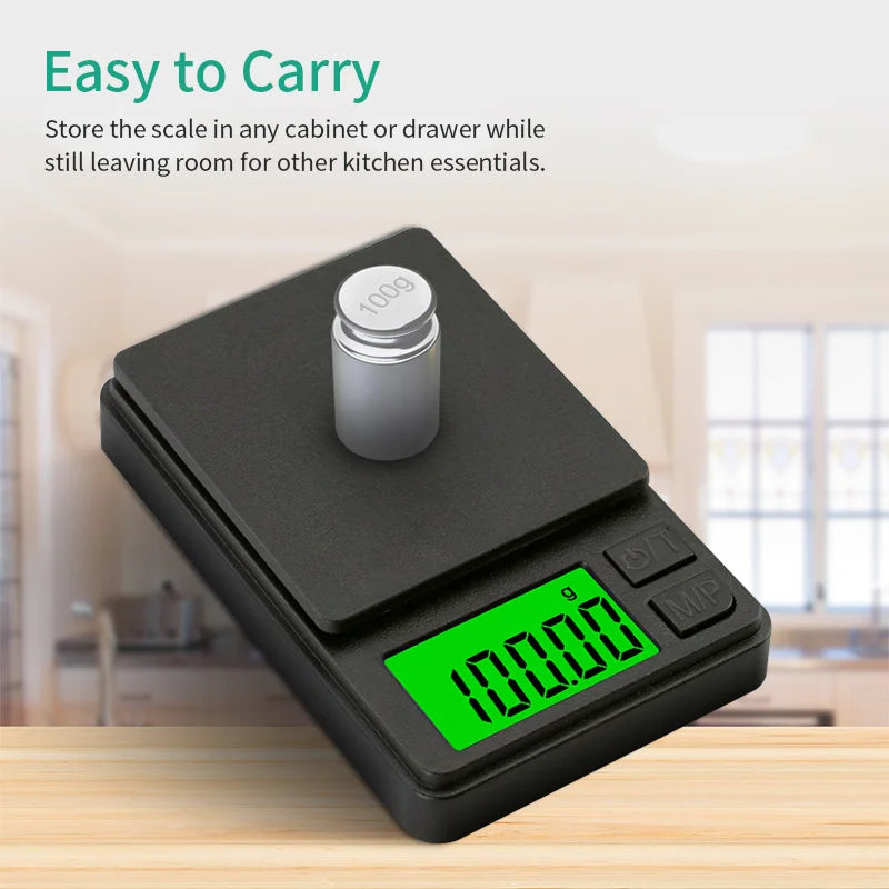 A black pocket digital scale with a green display showing 10000 and a silver container resting on it.