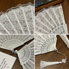 Vintage lace folding hand fan with a durable handle shown in multiple angles.