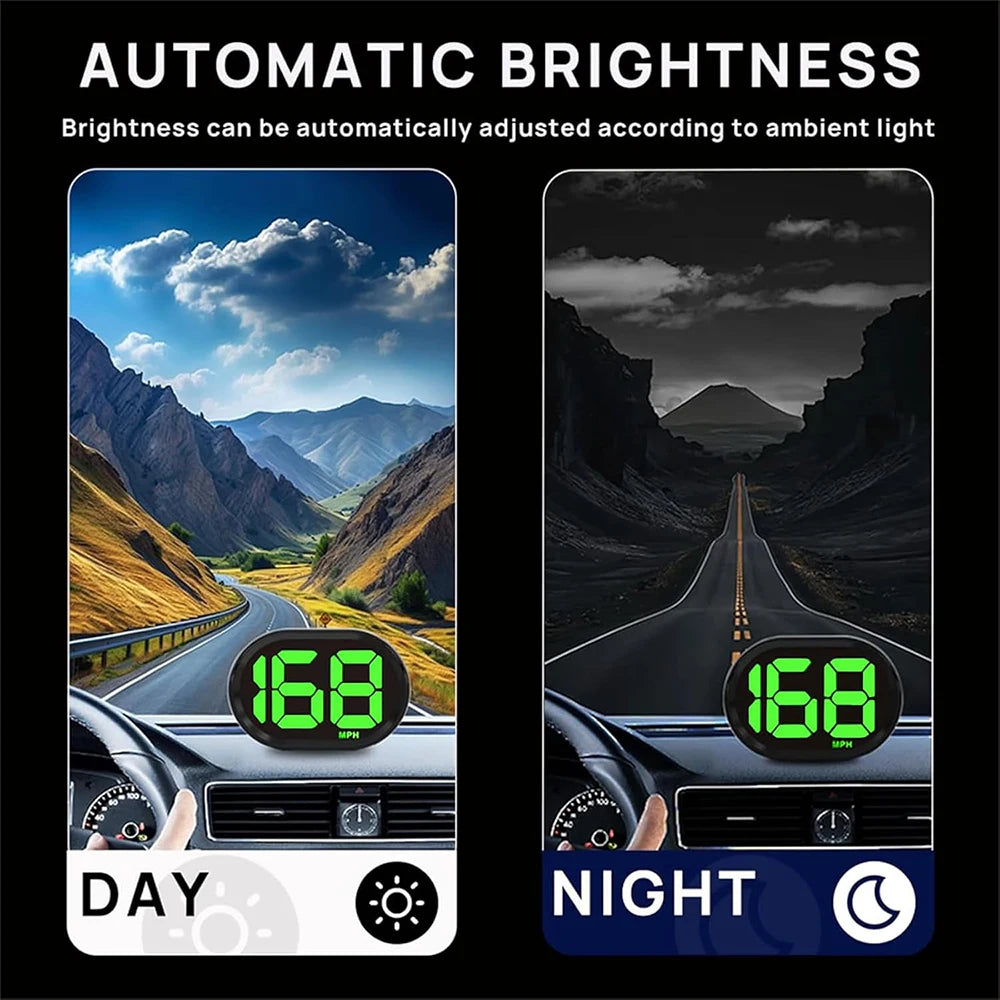 Automatic brightness feature shown on a car display, comparing day and night views.