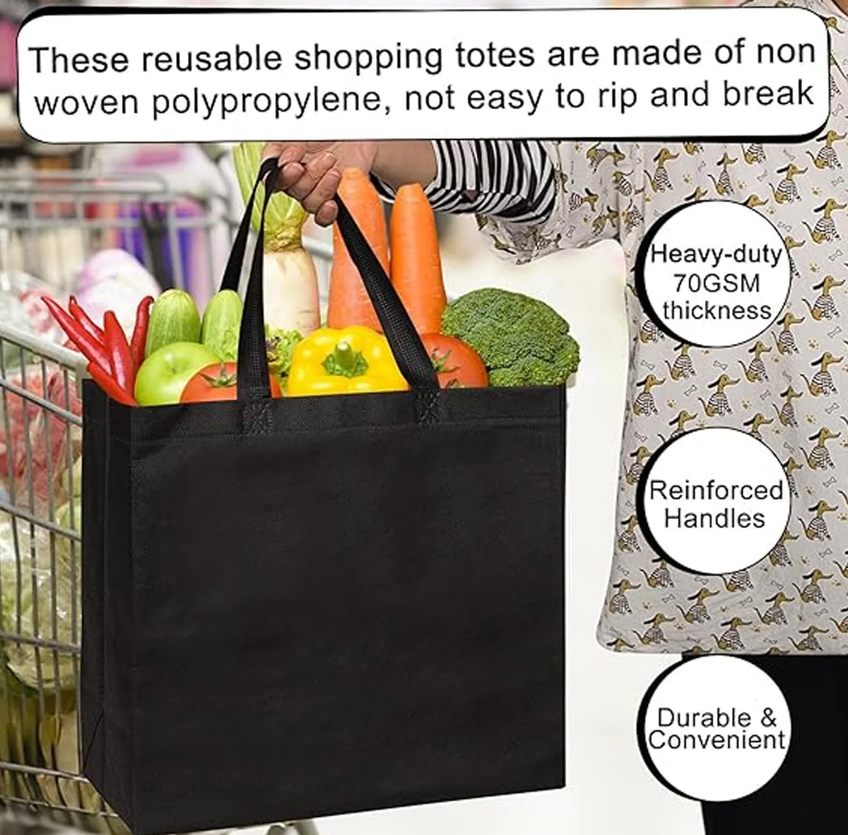 Reusable Non-Woven Grocery Tote Bags, 6-Pack Foldable Shopping Bags with Long Handles