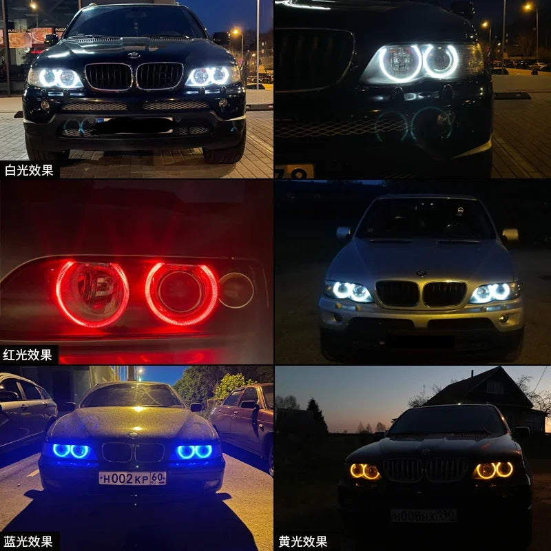 Various close-up shots of LED angel eyes and marker light bulbs installed in BMW vehicles.