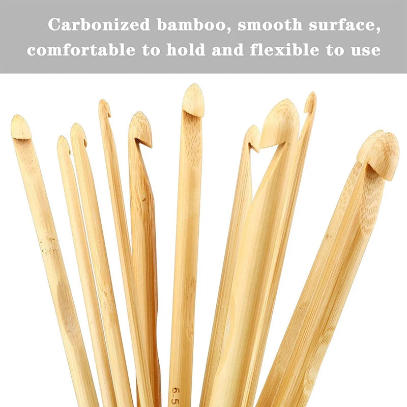 A set of 23 bamboo crochet hooks with smooth surfaces and flexible use.