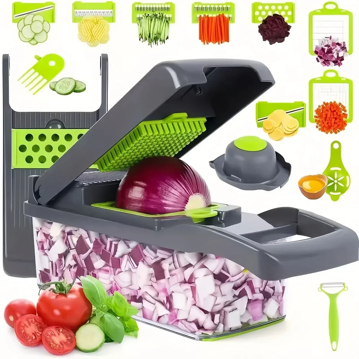 A multifunctional vegetable chopper with a handle is shown, featuring various cutting attachments and pre-cut vegetables.