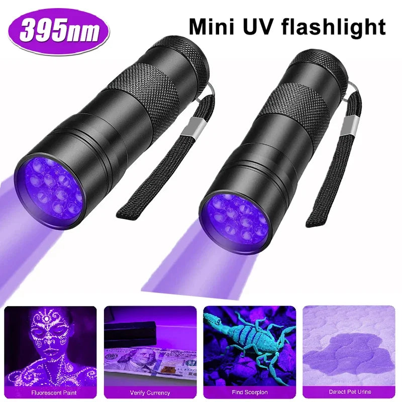 A black mini UV flashlight is shown emitting a purple light, used for pet stain detection.