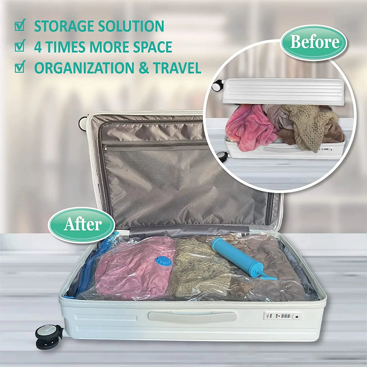 Before and after comparison of vacuum storage bags used for organizing and traveling clothes.