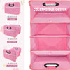 Pink foldable car trunk organizer with carry handles shown in folded, half open, and fully open configurations