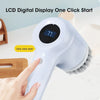 A hand is pressing the start button on a white cordless electric spin scrubber with a black digital display.
