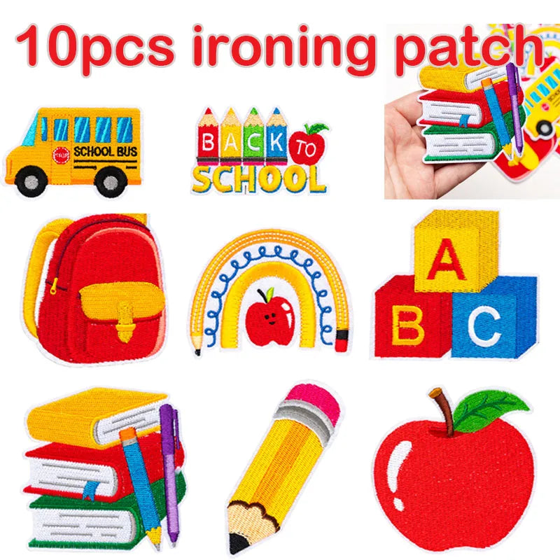 A set of 10 iron-on patches featuring school bus, backpack, apple, pencil, and book designs for clothing.