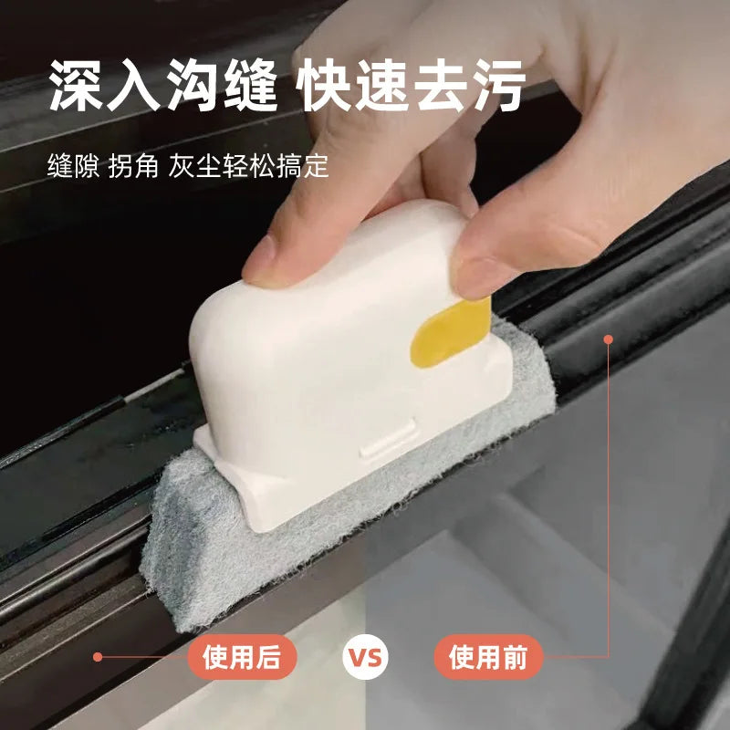 A hand is using a white cleaning brush with a yellow pad to quickly clean a narrow gap in a device.