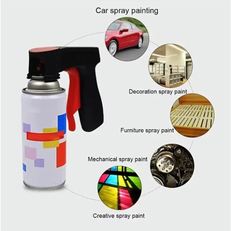 A spray paint bottle with a handle and various examples of paint applications like car, decoration, furniture, and creative s
