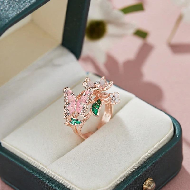 Floral Butterfly Rhinestone Ring — Romantic Adjustable Design