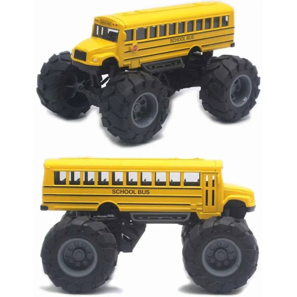 Yellow die-cast metal school bus pull-back toy with large black tires