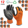A set of 12 pairs of orange and black PU-coated work gloves shown in various views.