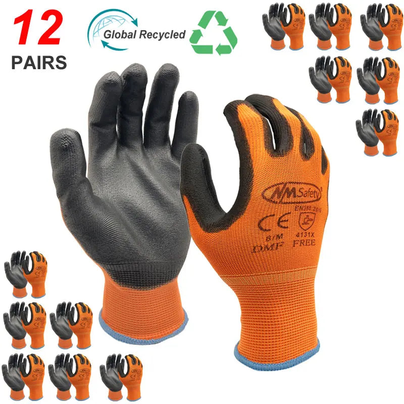 A set of 12 pairs of orange and black PU-coated work gloves shown in various views.