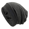 A dark gray silk-like night cap designed for long hair and curls.