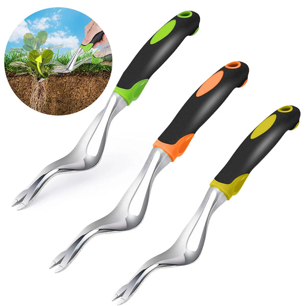 Trois désherbeurs ergonomiques avec tiges d'aluminium en noir, vert et orange, présentés sur un fond de terre.