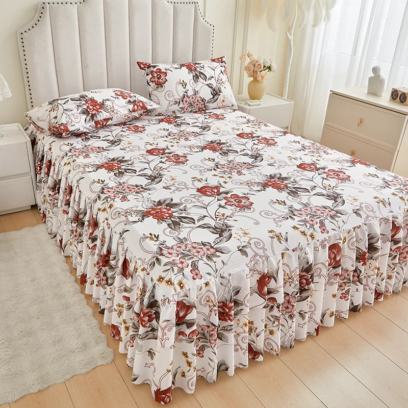 Floral Bed Skirt with Matching Pillowcases Set