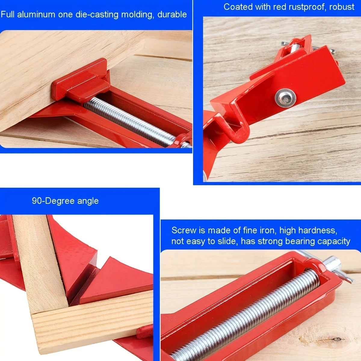 Red aluminum die-casting clamp with a 90-degree angle for woodworking and DIY projects