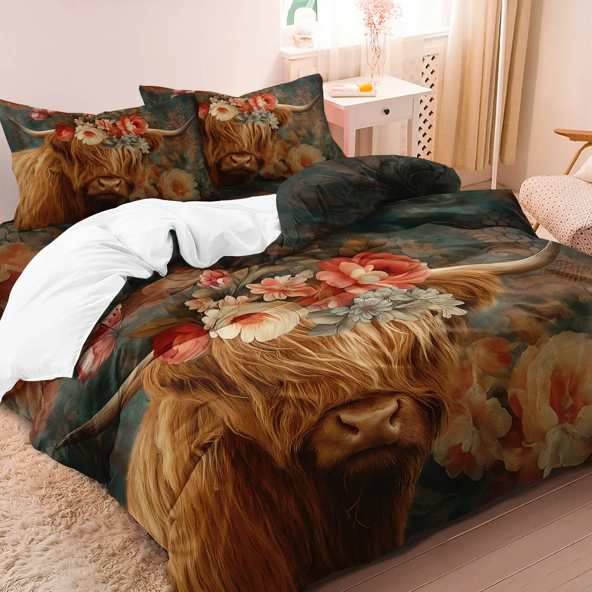A bedding set featuring a print of a Highland cow's head on a duvet cover and pillowcases.