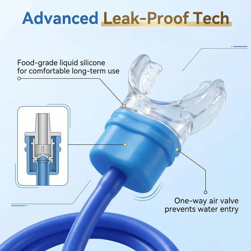 Blue silicone snorkel featuring a one-way air valve for leak-proof water protection.