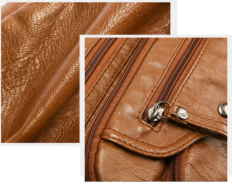Close-up of a brown leather tote bag showing stitching and texture.