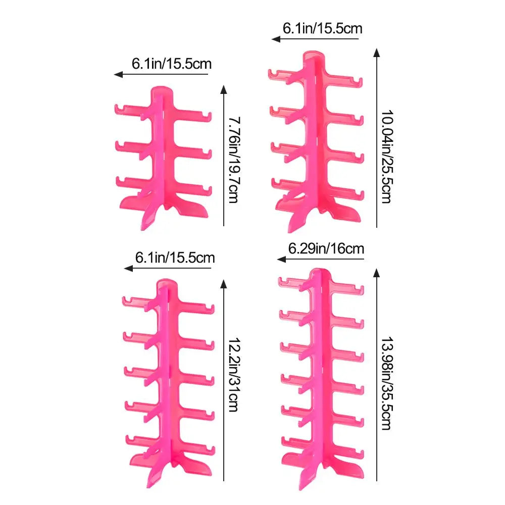 A set of stackable pink plastic eyeglass display stands for sunglasses and reading glasses shown with various sizes.