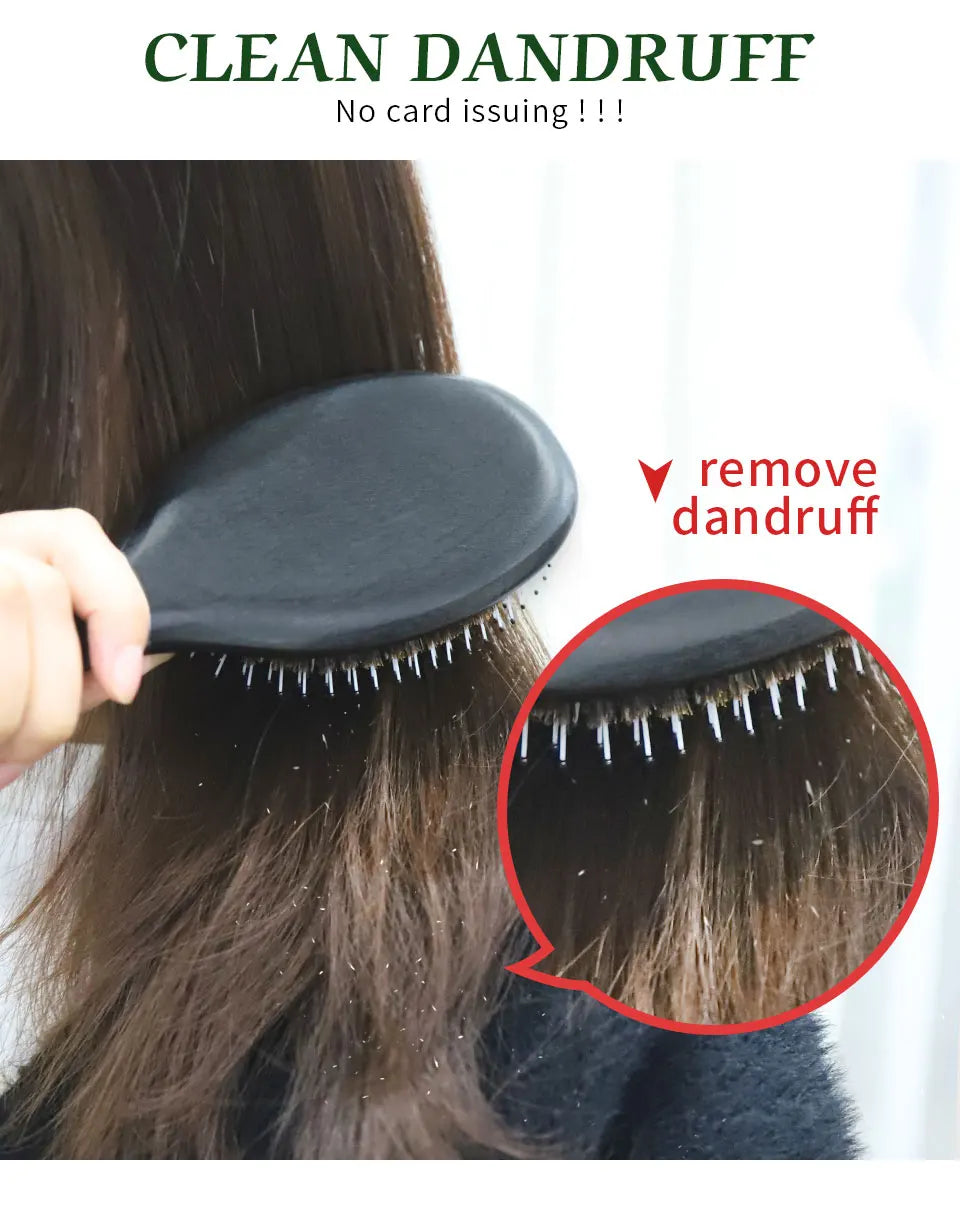 A black boar bristle hair brush is shown being used to remove dandruff from hair.