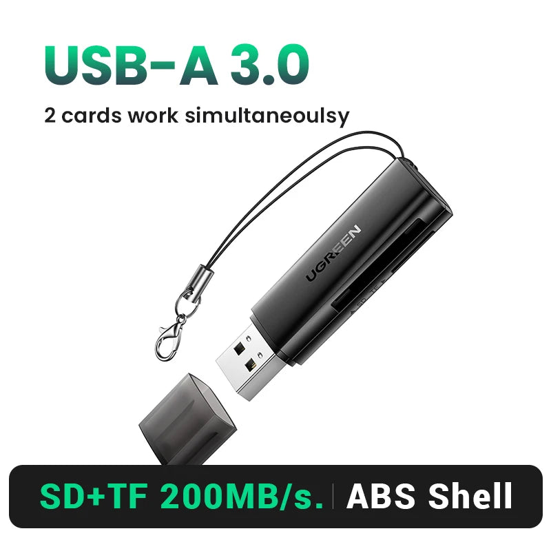Schwarzer USB-A 3.0 Kartenleser mit ABS-Gehäuse zum Lesen von SD- und TF-Karten