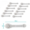 A set of five white child safety cabinet locks for drawers and doors, shown with a dimension marker.