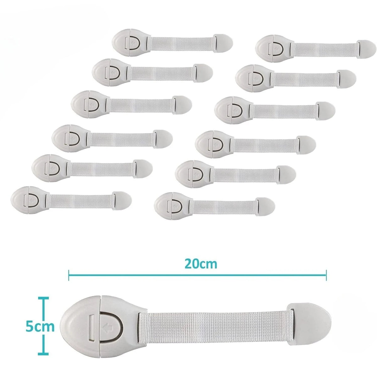 A set of five white child safety cabinet locks for drawers and doors, shown with a dimension marker.